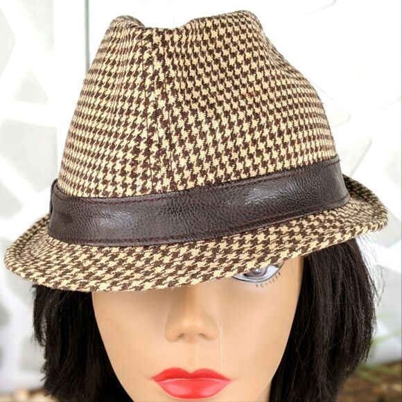 Vintage London Fog Classic Brown Houndstooth Fedora Hat with Leather Band - L/XL - Picture 1 of 9
